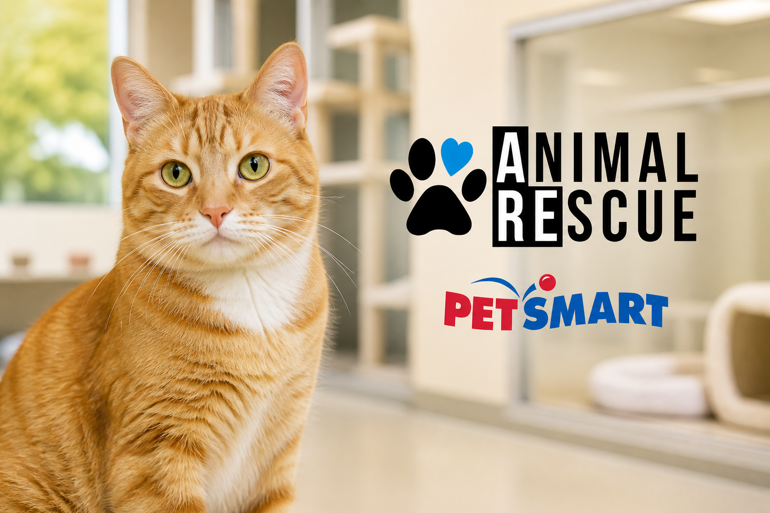 Orange rescue cat with ARE Animal Rescue and PetSmart identities in a softly blurred adoption cattery