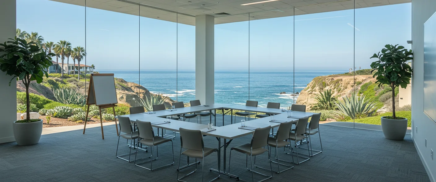 A workshop room arranged for a group session overlooking the La Jolla coast